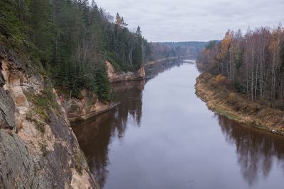 High angle view of river amidst trees against sky
