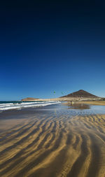 Scenic view of beach against clear blue sky