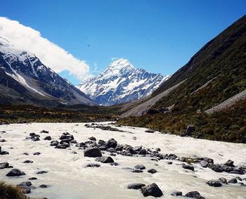 Scenic view of snow covered mountains