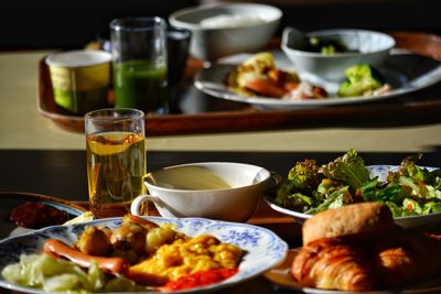 Close-up of meal served on table