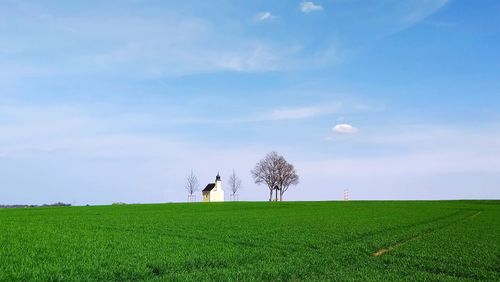 Windmill on field against sky