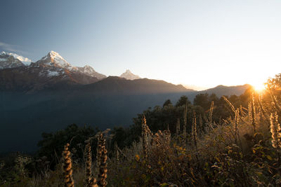 Scenic view of mountains against clear sky during sunset