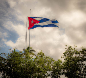 Low angle view of flag amidst trees against sky