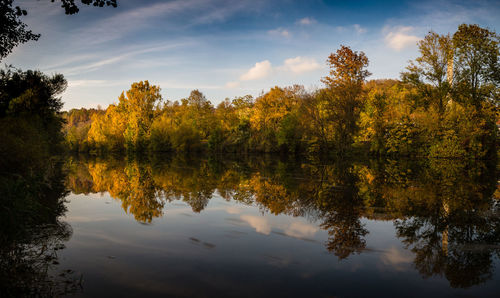 Reflection of trees in lake against sky during sunset