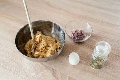 High angle view of breakfast on table