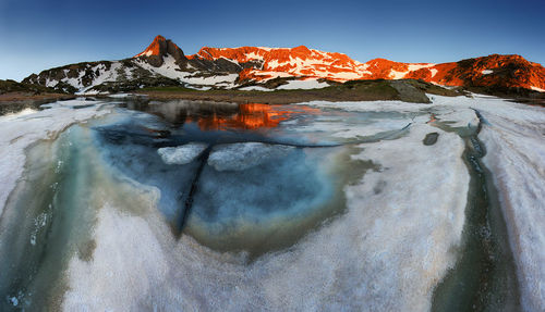 Scenic view of snow covered mountain against clear sky