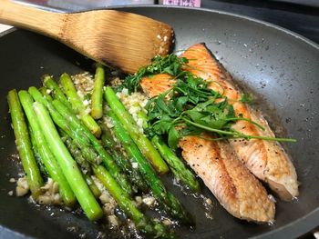 High angle view of fish in pan