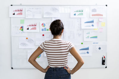 Young female architect with hands on hip examining charts on whiteboard at office