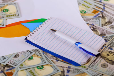 Close-up of pen with blank notepad on currency