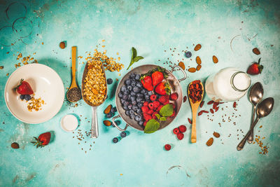 High angle view of breakfast on table