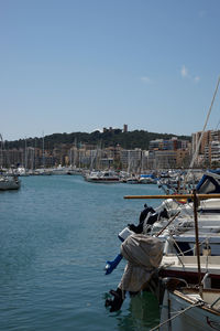 Sailboats moored on sea against buildings in city