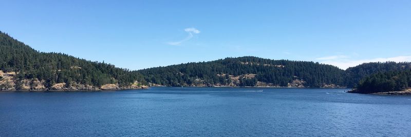 Scenic view of sea and mountains against blue sky