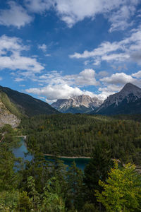 Scenic view of lake and mountains against sky