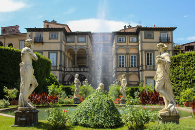 Statue against built structures