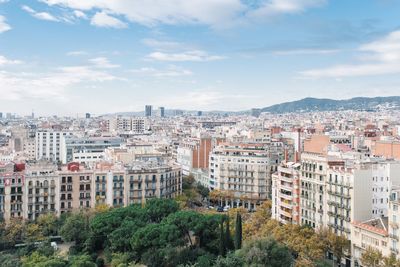 High angle view of buildings against sky
