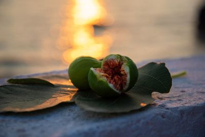 Close-up of fruits and leaves on table