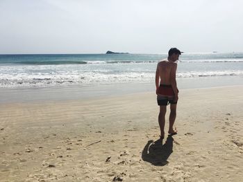 Rear view of friends standing on beach against clear sky