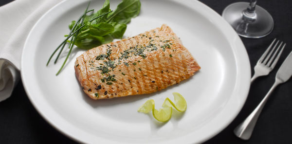 High angle view of food in plate on table