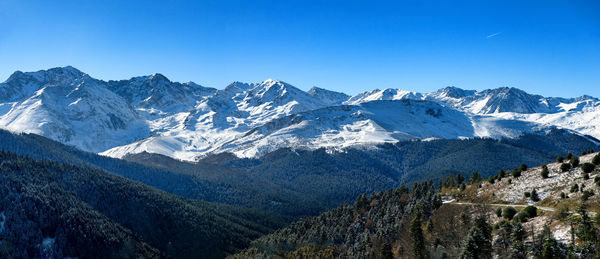 Scenic view of snowcapped mountains against clear blue sky