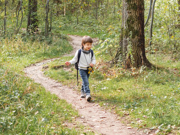 Curious boy is hiking in forest lit by sunlight. child with binoculars and backpack.