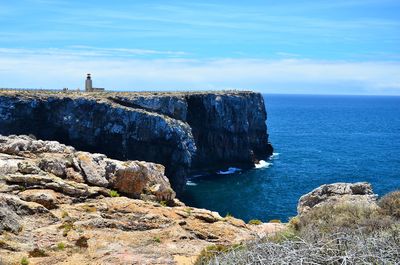 Scenic view of sea by cliff against sky