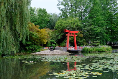 Red gazebo by lake against trees