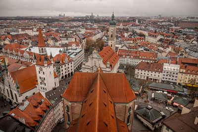 High angle shot of townscape against sky