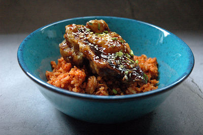 High angle view of food in bowl on table