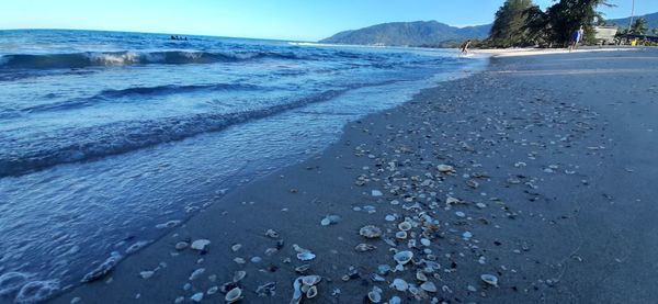 Surface level of beach against sky