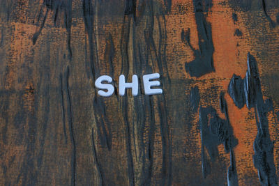 Close-up of text on wooden table