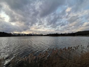 Scenic view of lake against sky during sunset