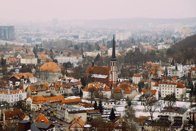 High angle view of cityscape during winter