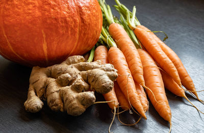 High angle view of pumpkins on table