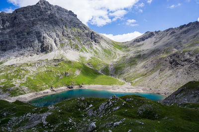 Scenic view of lake by mountains against sky