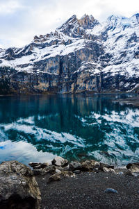 Scenic view of lake and snowcapped mountains against sky