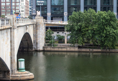 Arch bridge over river by buildings in city