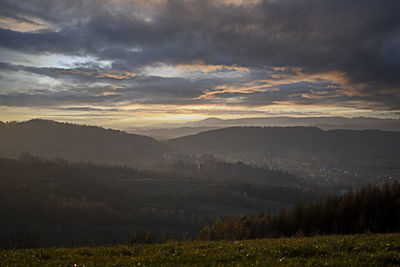 Scenic view of field against sky during sunset
