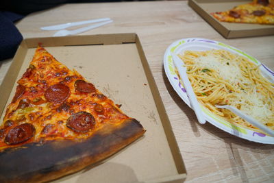 High angle view of pizza on table