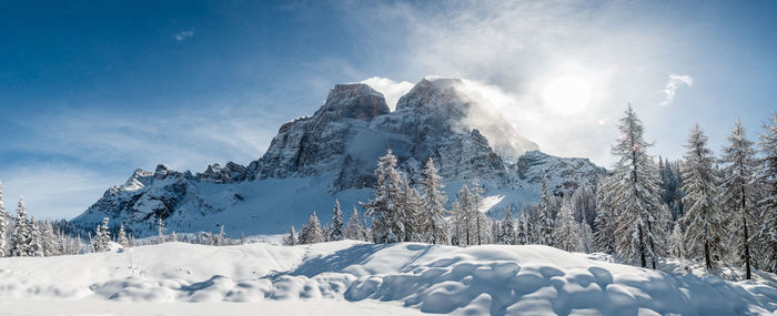 Snow covered mountains against sky