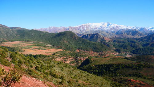 Scenic view of mountains against clear blue sky