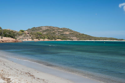 Scenic view of sea against clear blue sky