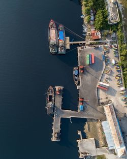 High angle view of boats in city