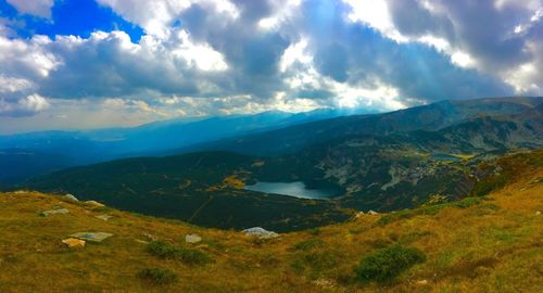 High angle view of lake surrounded by mountains