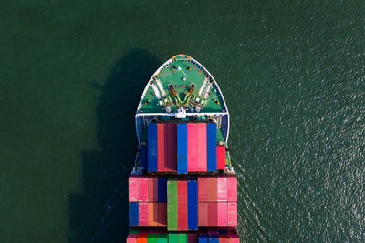 High angle view shipping container sailing on the sea 