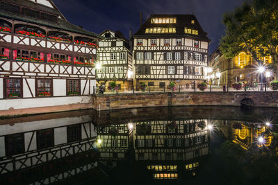 Reflection of illuminated building in lake at night