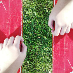 Cropped hands of bench over grassy field