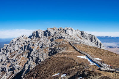 Scenic view of snowcapped mountain against blue sky