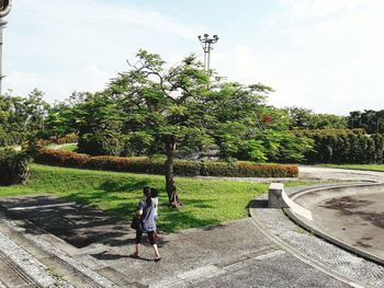 People walking on road by trees against sky