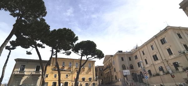 Low angle view of buildings and trees against sky