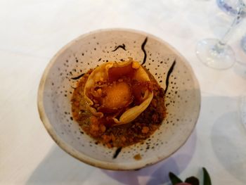 High angle view of dessert in plate on table